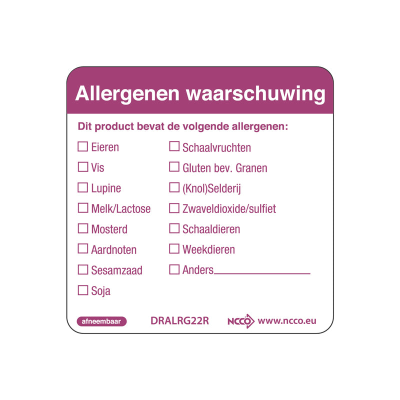 Allergenen waarschuwing sticker 50x50mm afneembaar bestellen | EETikon