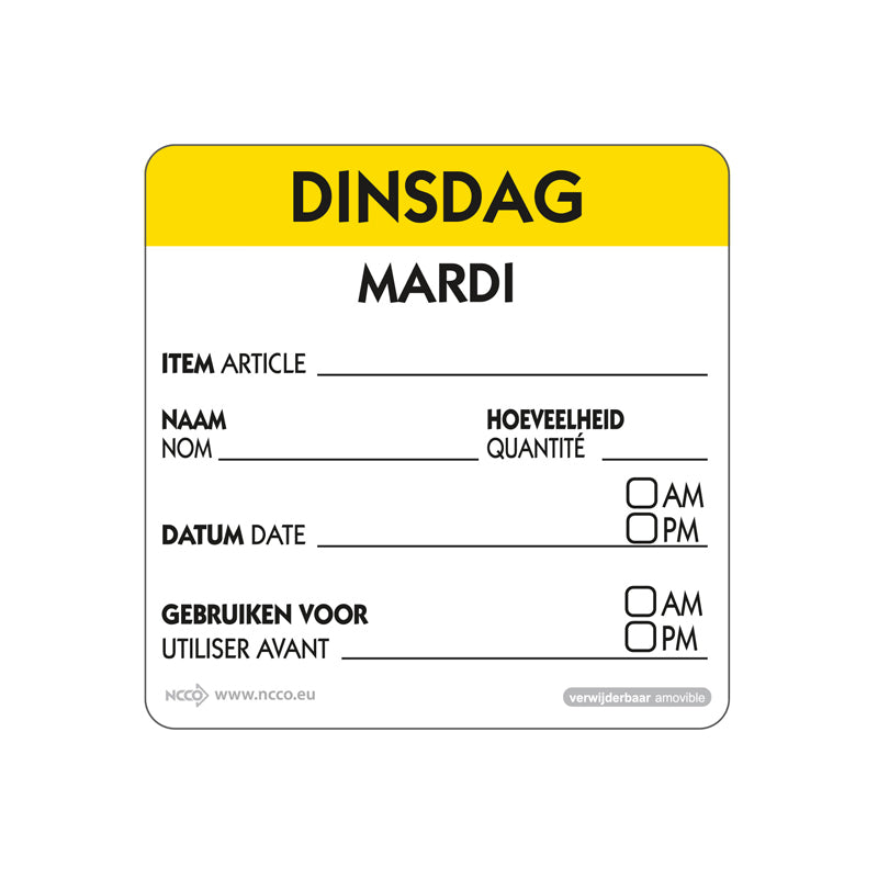 HACCP Informatie daglabel dinsdag 50x50mm afneembaar bestellen | EETikon