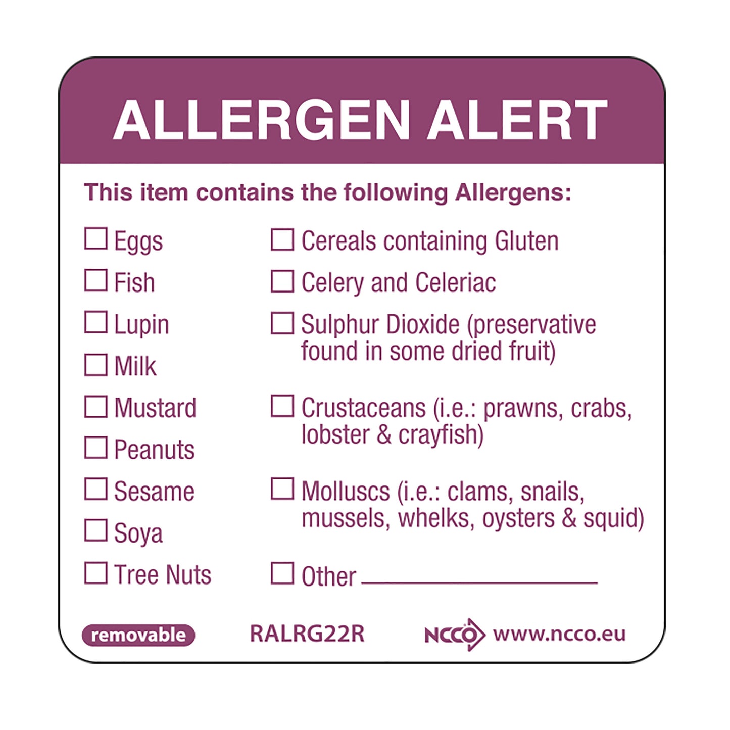 Allergenen waarschuwing sticker 50x50mm afneembaar - 500/rol